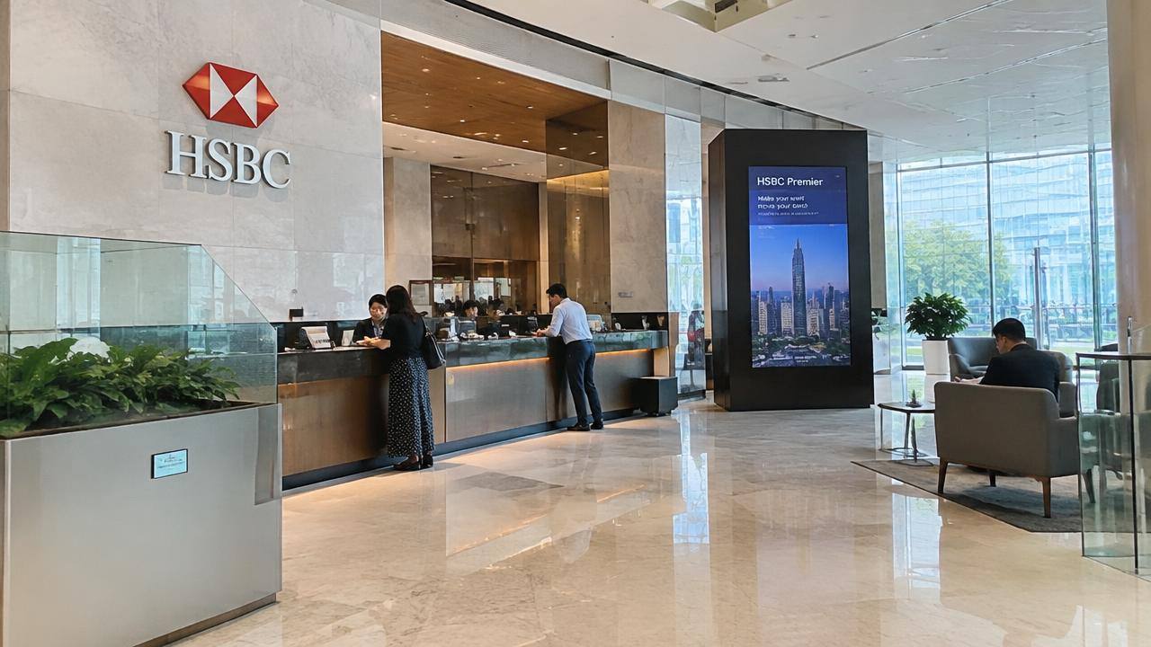 Interior of a modern bank branch with customers at service desks