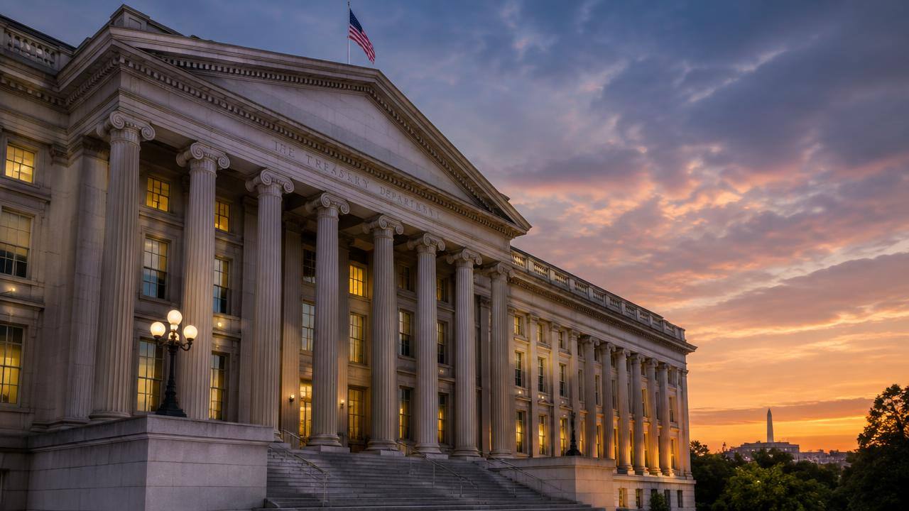 Government treasury building with classical columns at dusk