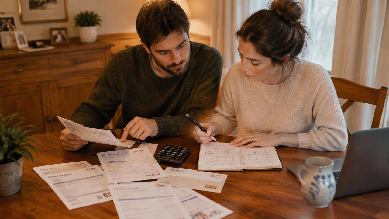 Couple planning a household budget with bills and a notebook