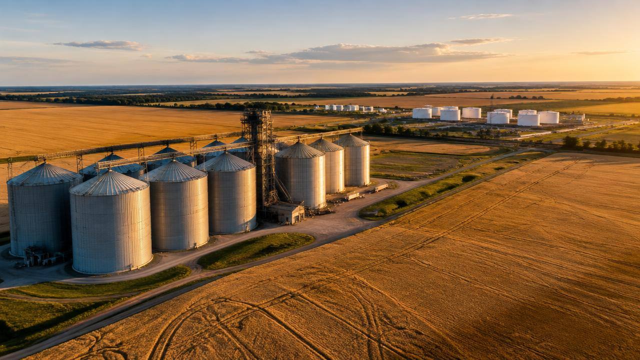 Grain silos and oil storage tanks across farmland at sunset