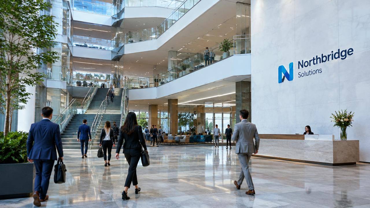 Employees crossing the atrium of a corporate headquarters