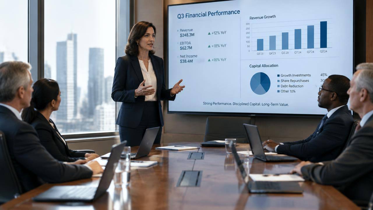 Finance executive presenting results to a boardroom