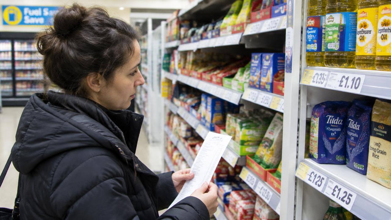 Shopper checking a receipt against supermarket shelf prices