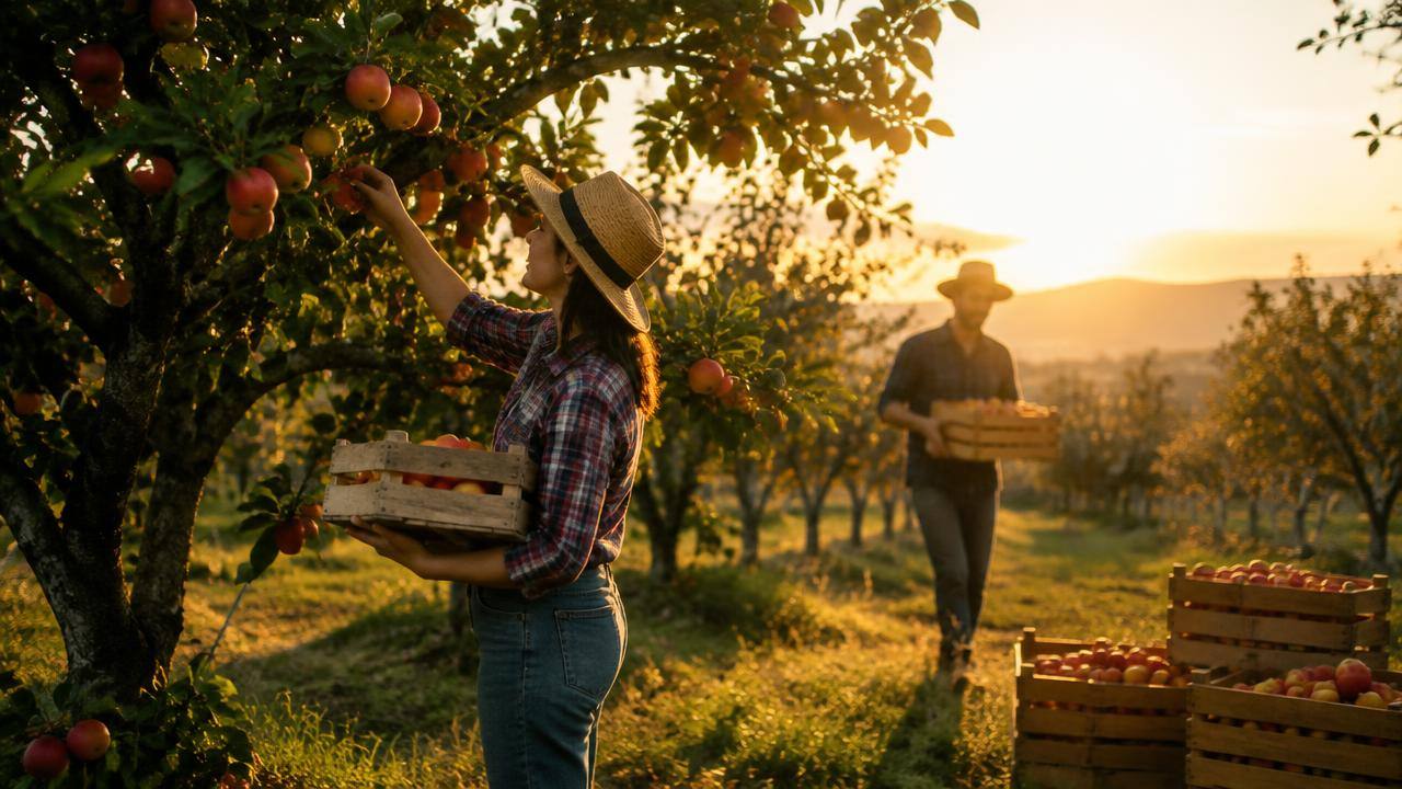 Workers harvesting apples in an orchard at golden hour