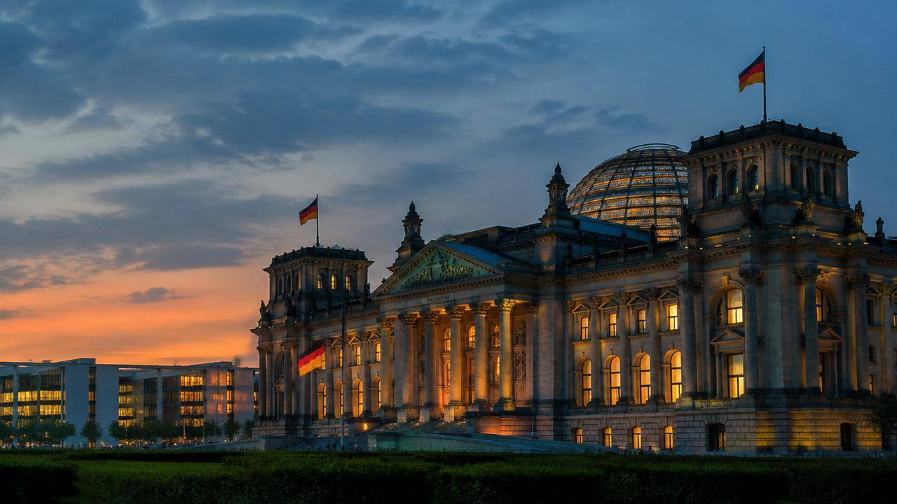 Parliament building illuminated at dusk