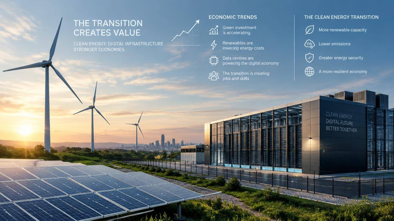 Wind turbines and solar panels beside a modern data centre