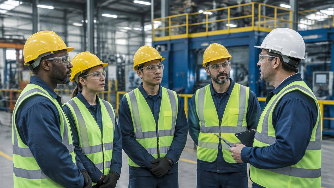 Factory workers in safety gear gathered at the start of a shift