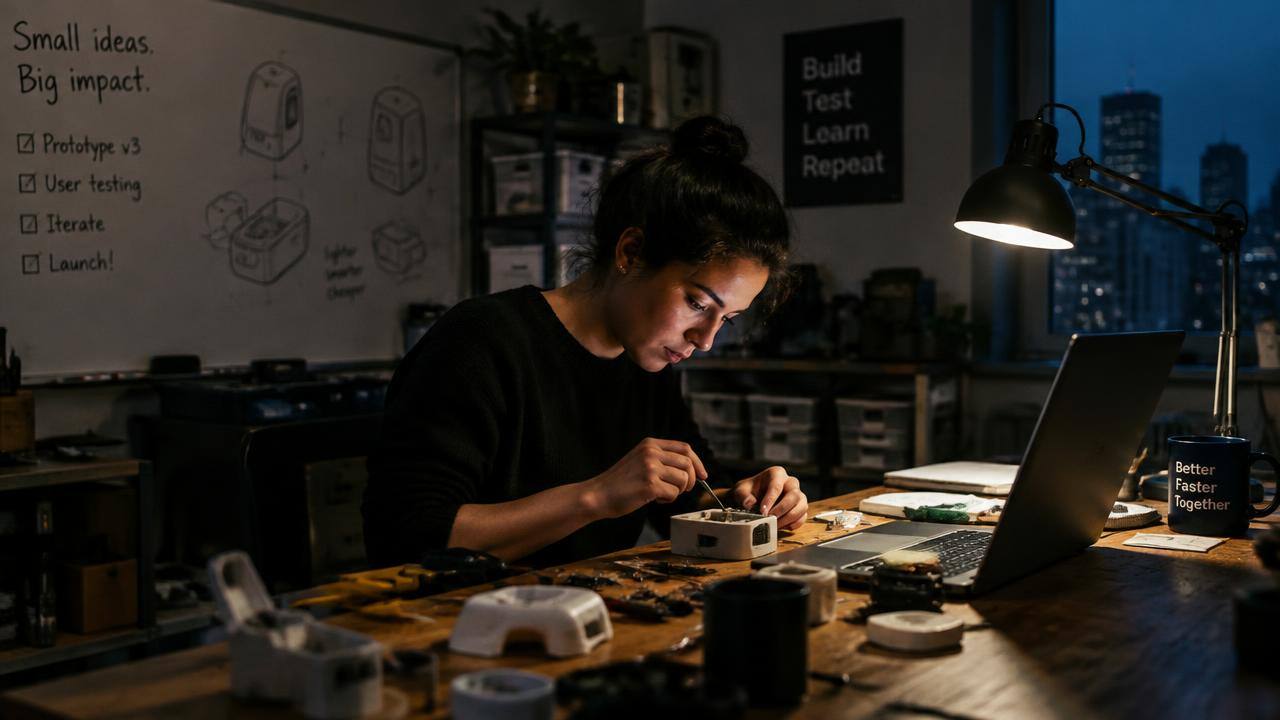 Founder working late on prototypes in a small workshop