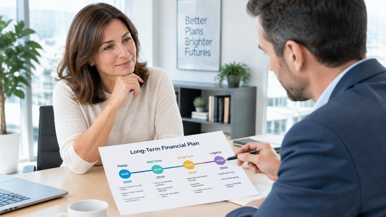 Woman discussing a long-term financial plan timeline with a planner