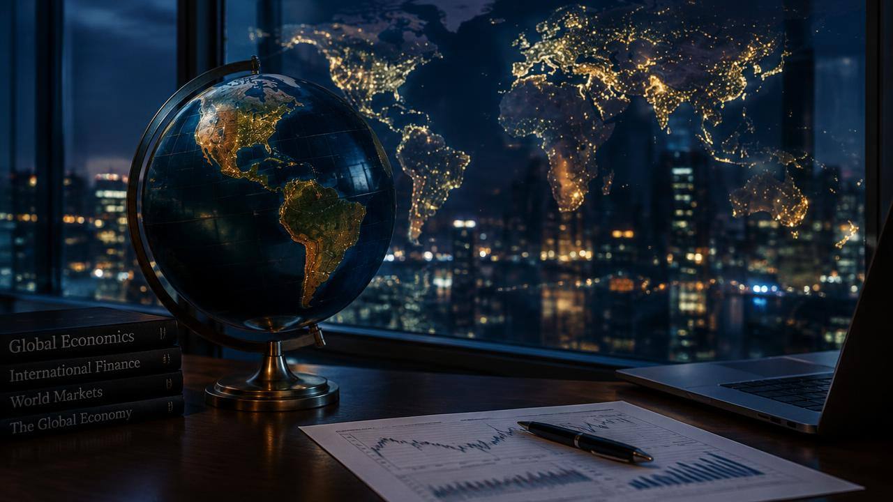 Globe on a desk before a window showing world city lights at night