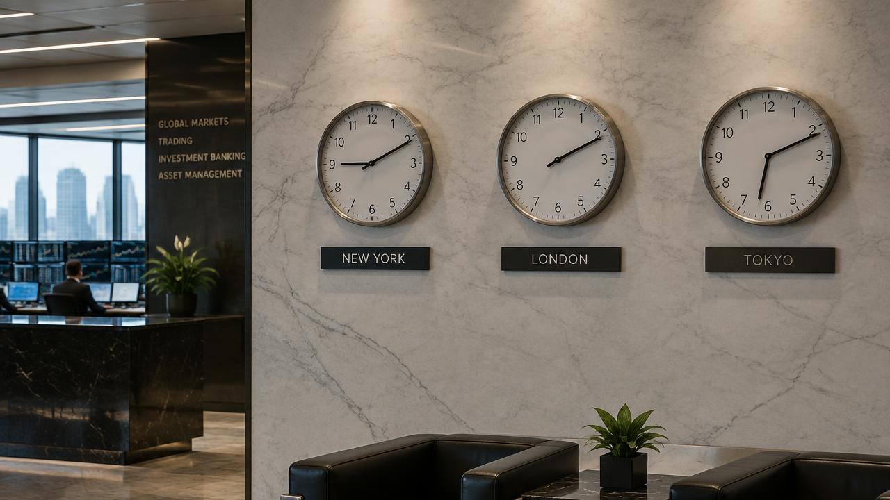 World clocks showing New York, London and Tokyo in a financial firm lobby