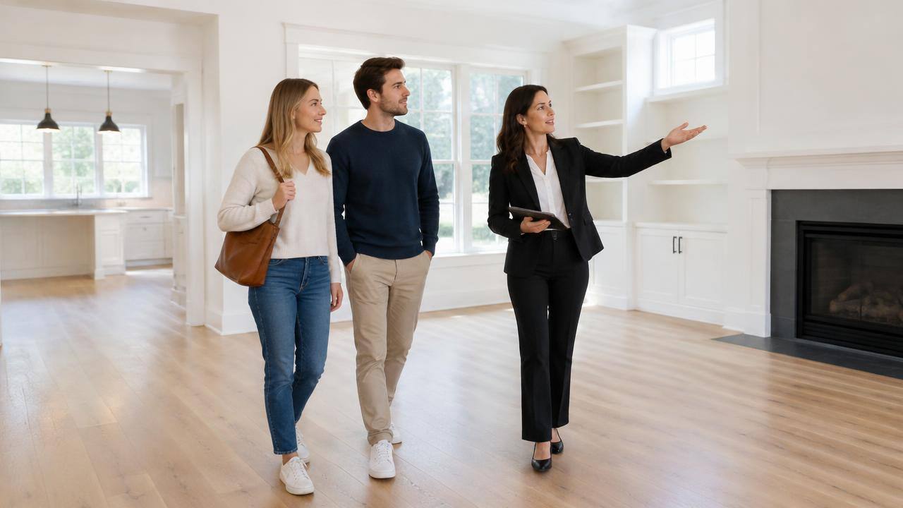 Couple touring an empty house for sale with an estate agent