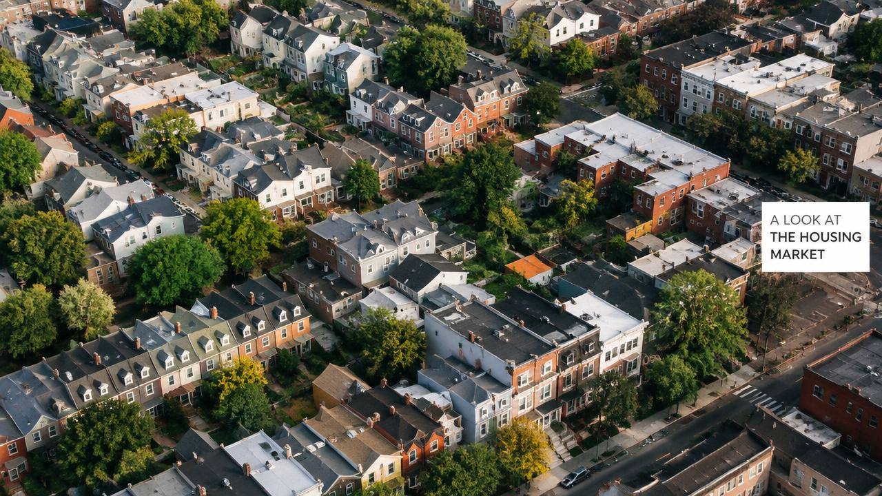 Aerial view of a dense residential neighbourhood