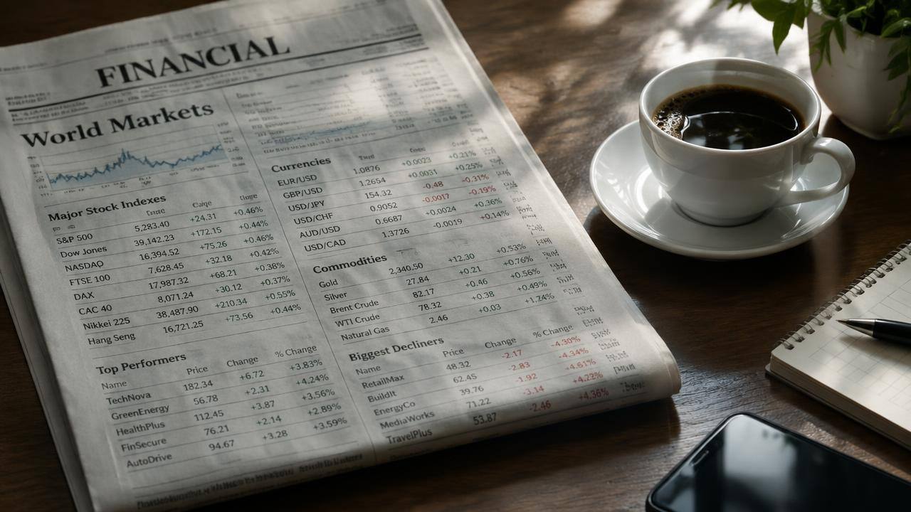 Financial newspaper pages with stock index tables beside a coffee