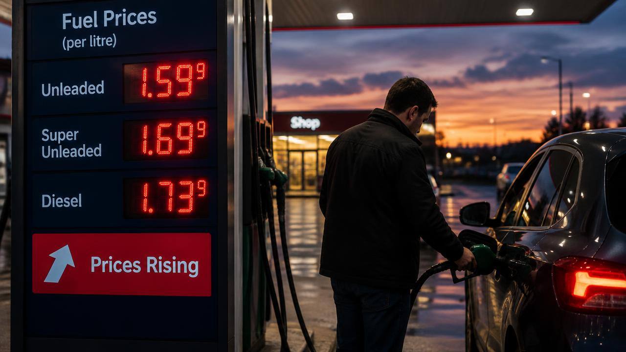 Driver refuelling beside a fuel price board at dusk