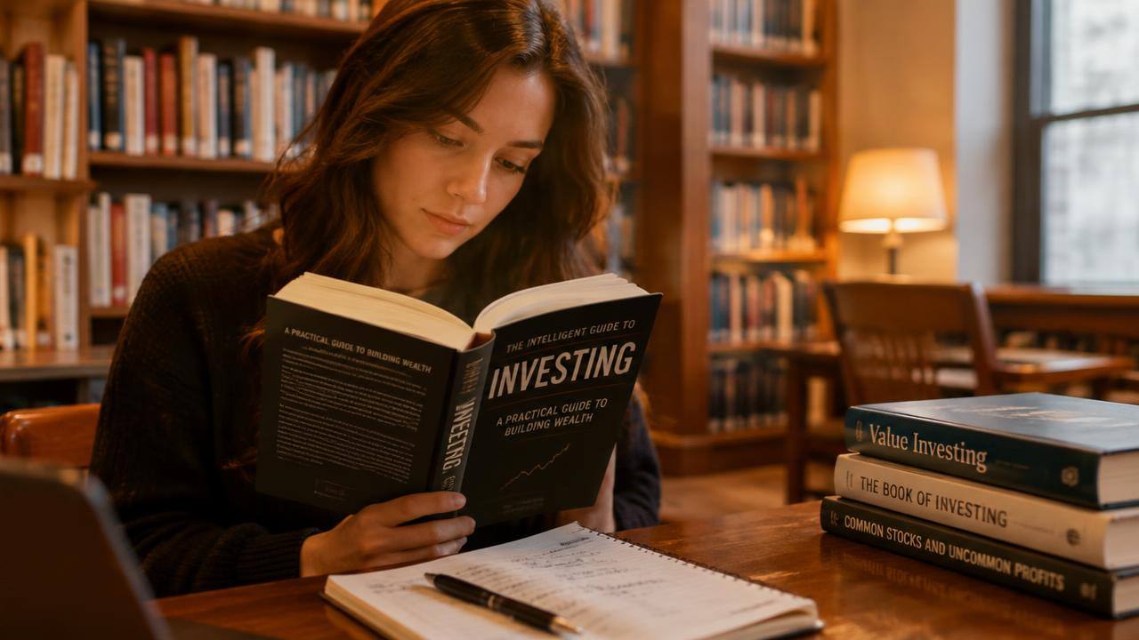 Student reading a book on investing in a library