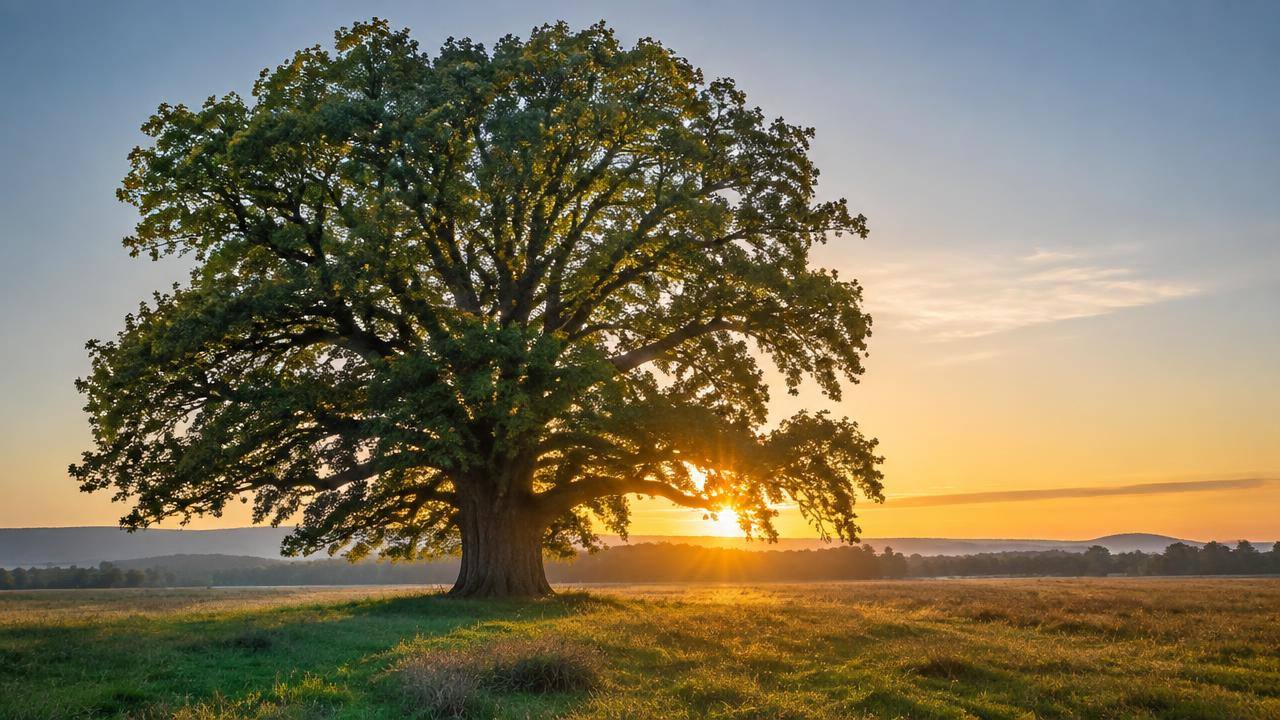 Mature oak tree in an open field at sunrise