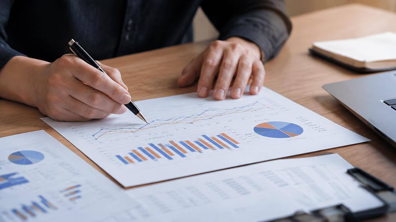 Analyst annotating printed market charts with a pen