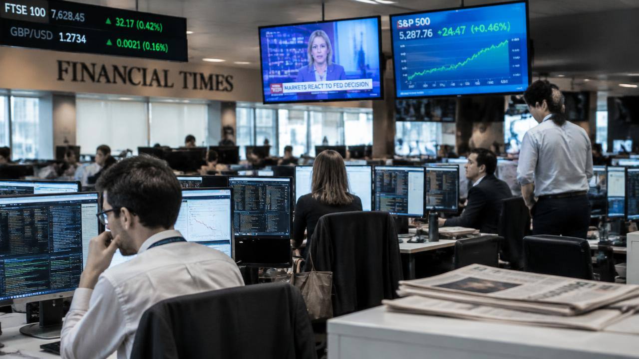 Financial journalists working in a busy newsroom
