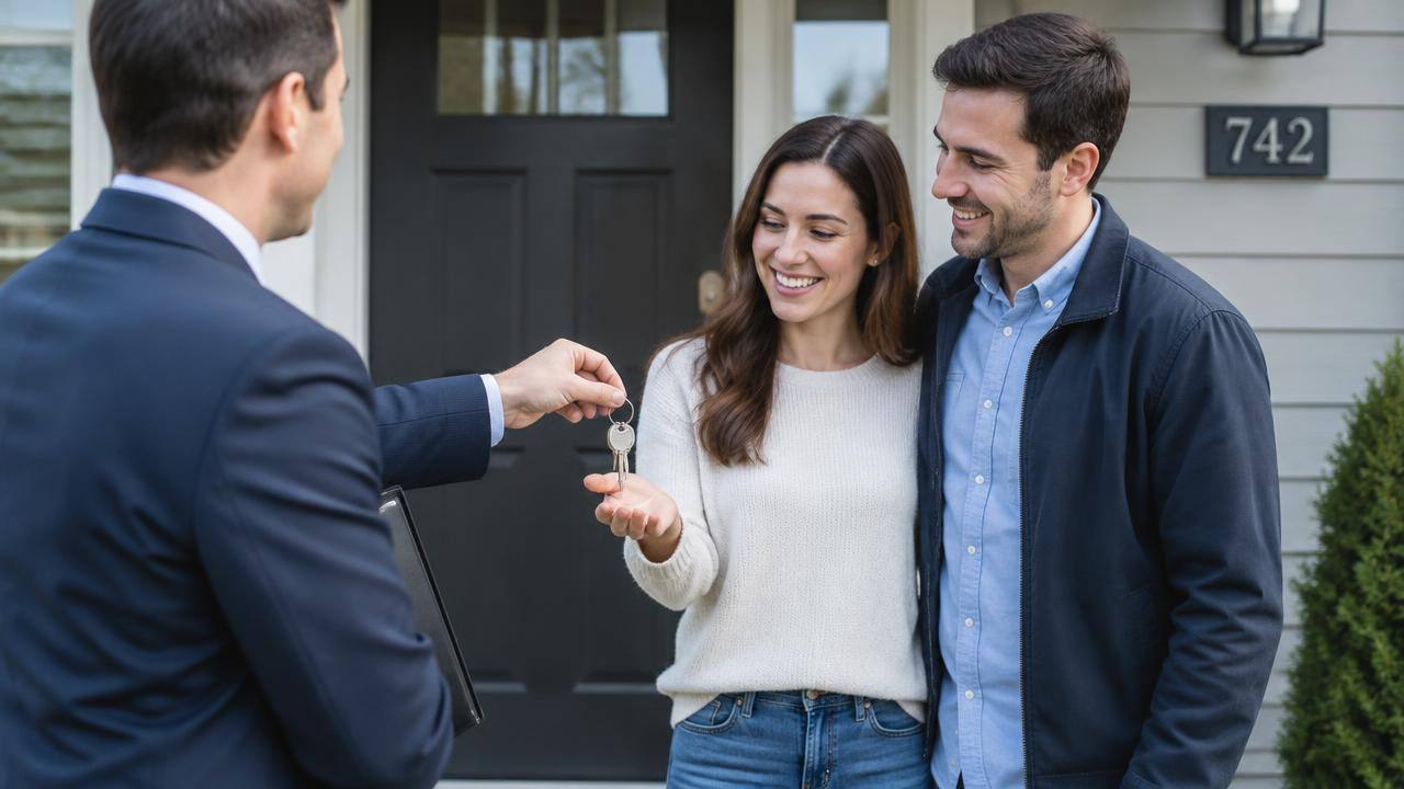 Couple receiving house keys at the front door of their new home