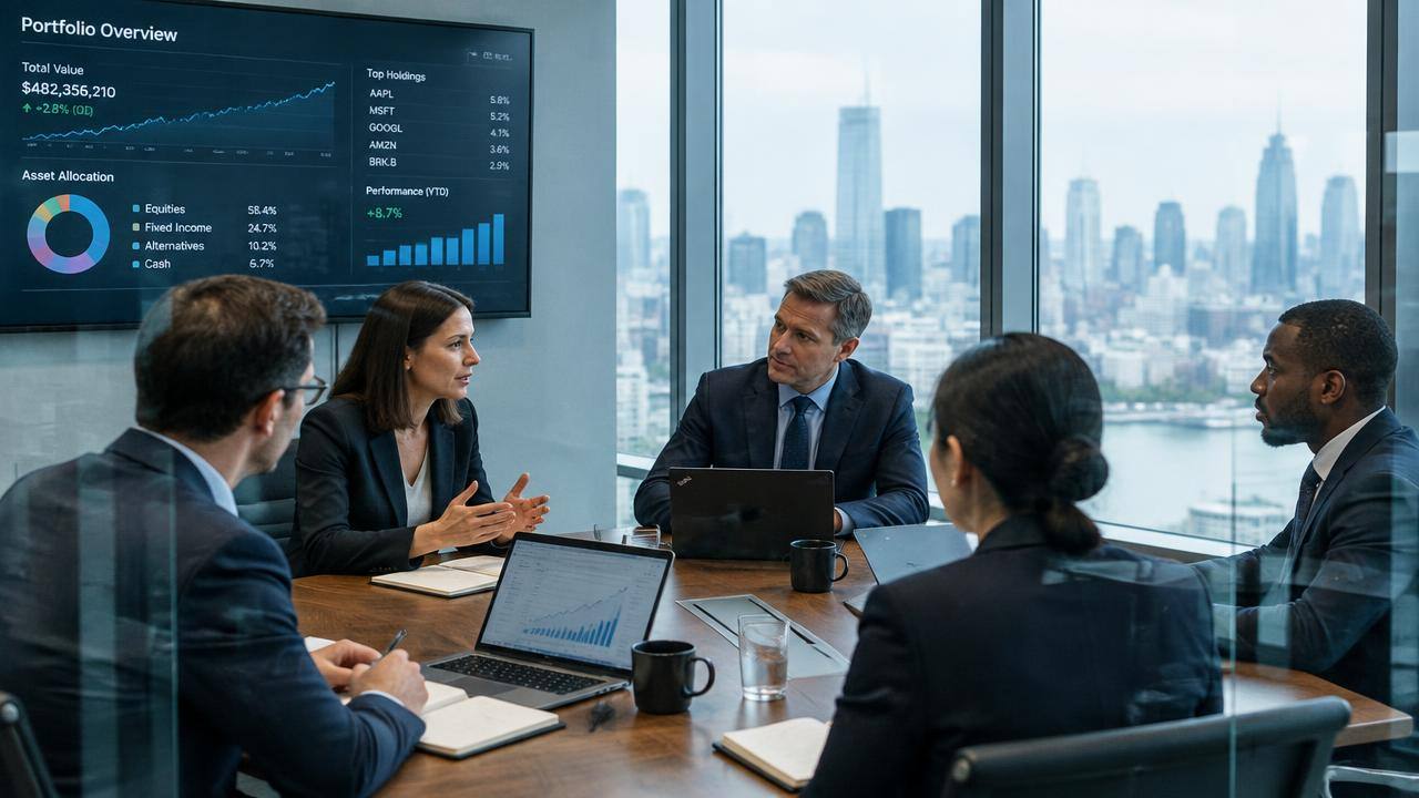 Fund management team discussing a portfolio in a glass meeting room
