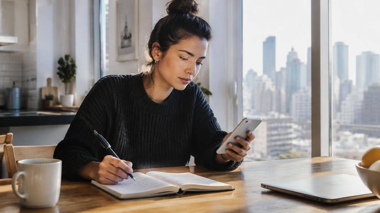 Woman reviewing her finances at a kitchen table with a notebook and phone