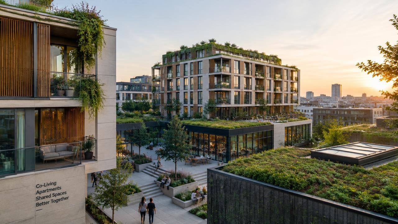 Mixed-use development with green roofs and co-living apartments