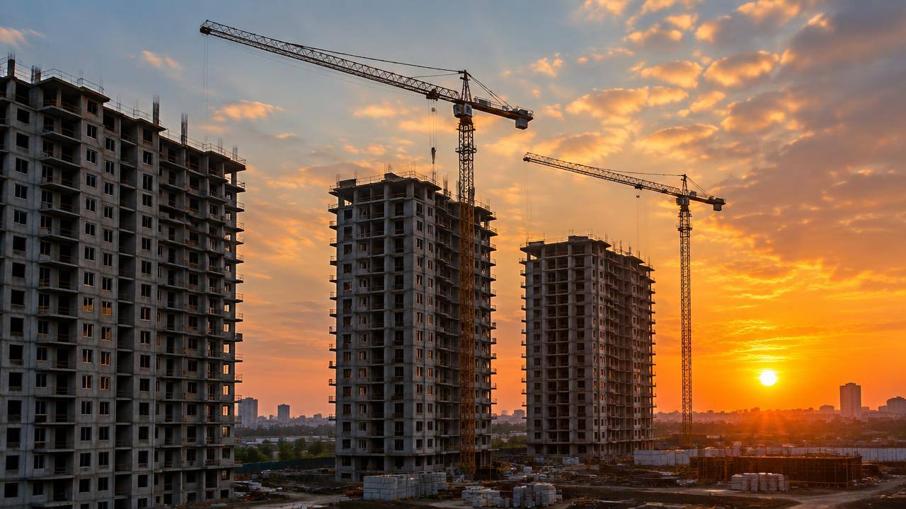 Residential towers under construction with cranes at sunset