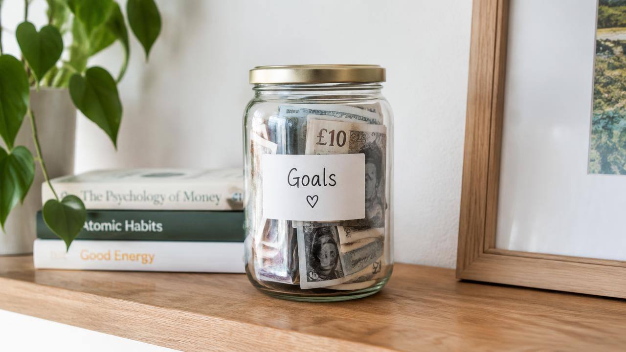 Glass jar of banknotes labelled Goals on a shelf