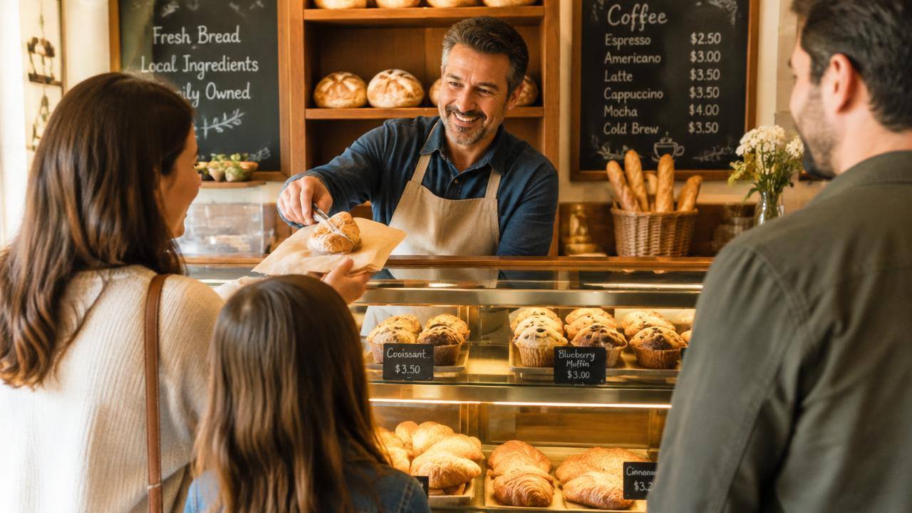 Family bakery owner serving customers at the counter
