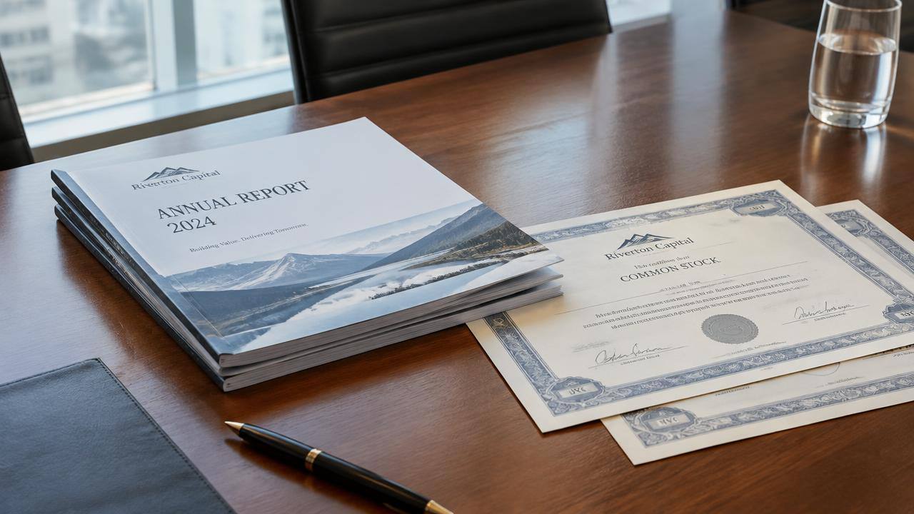 Company annual reports and share certificates on a boardroom table