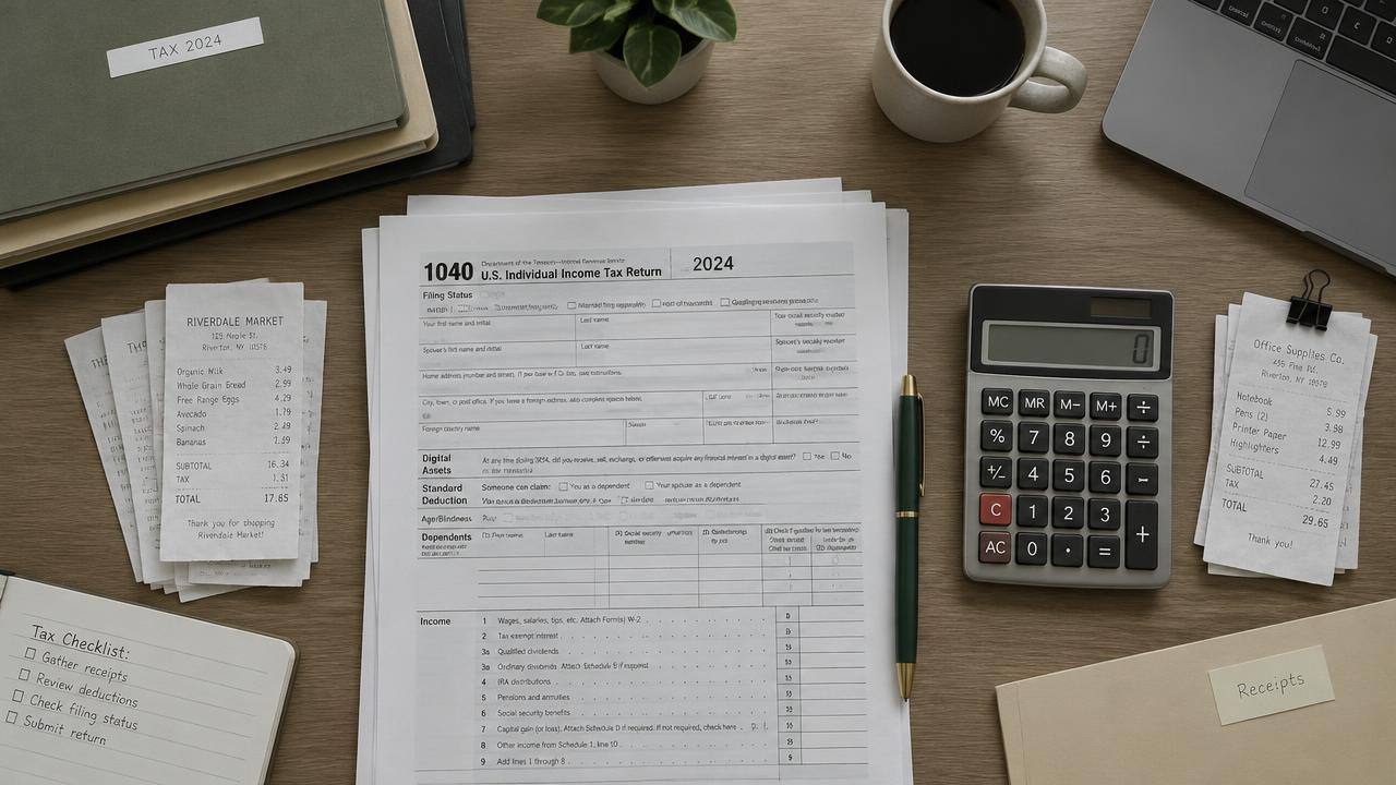 Tax forms, receipts and a calculator organised on a desk