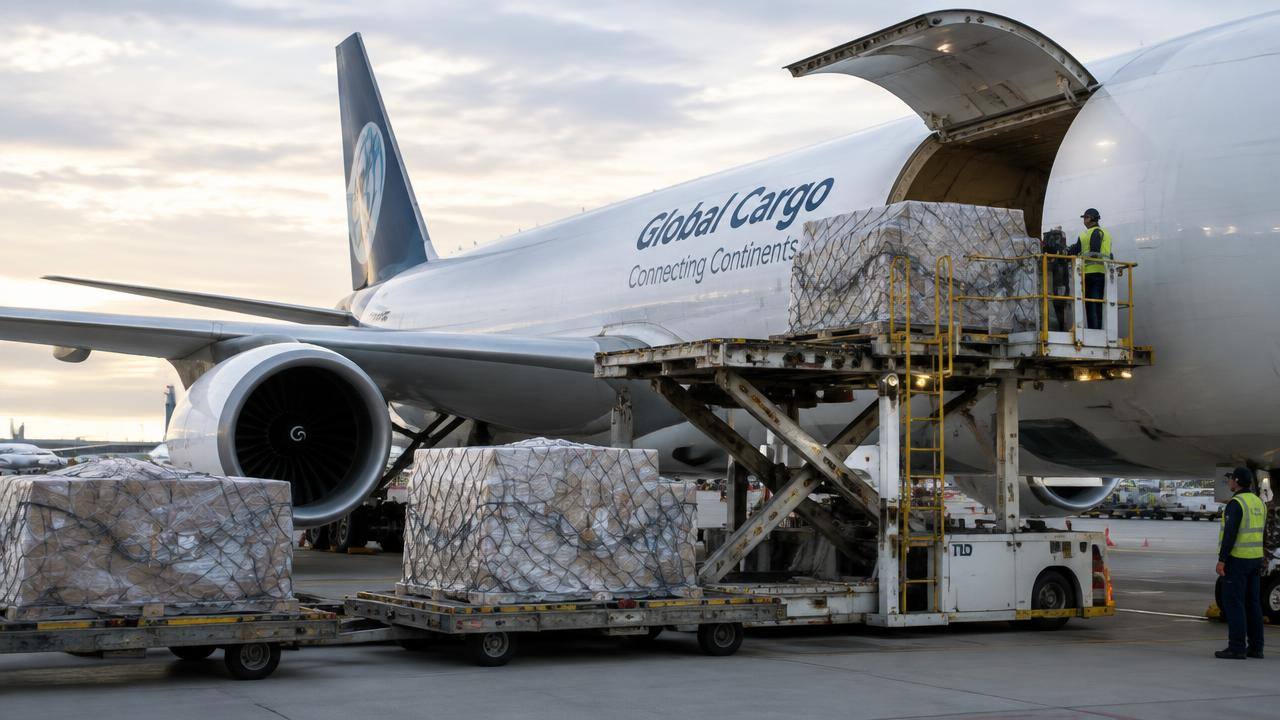 Freight pallets being loaded onto a cargo aircraft