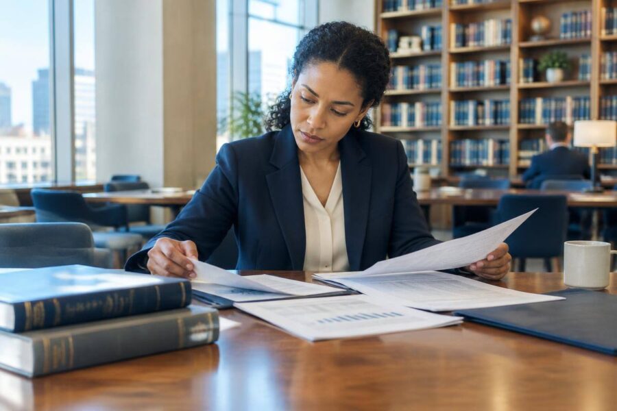 Investment professional reviewing fixed-income research in a quiet office