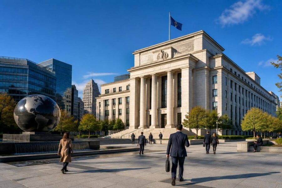 A central bank building and public plaza in a modern financial district