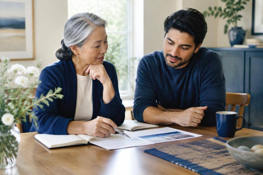 Two generations reviewing a long-term household savings plan