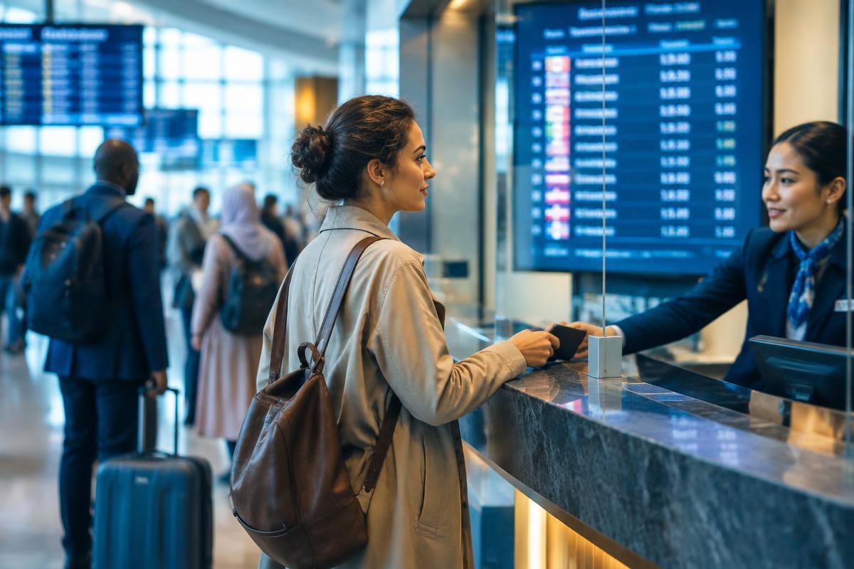 International travelers at an airport currency exchange counter