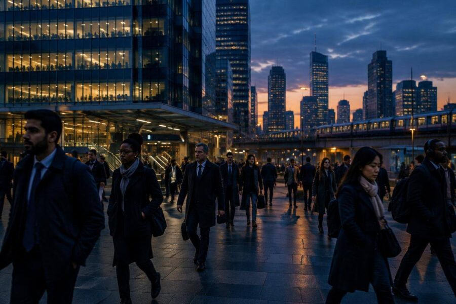 Evening commuters crossing a busy international business district