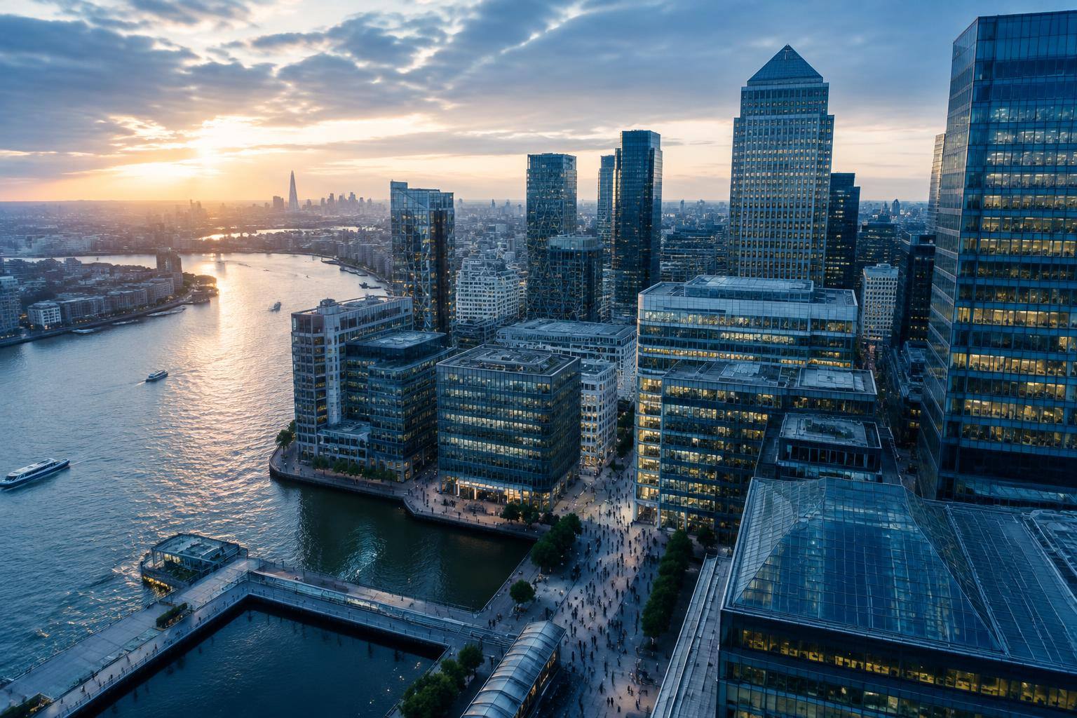 Aerial view of an international financial district beside a river at sunset