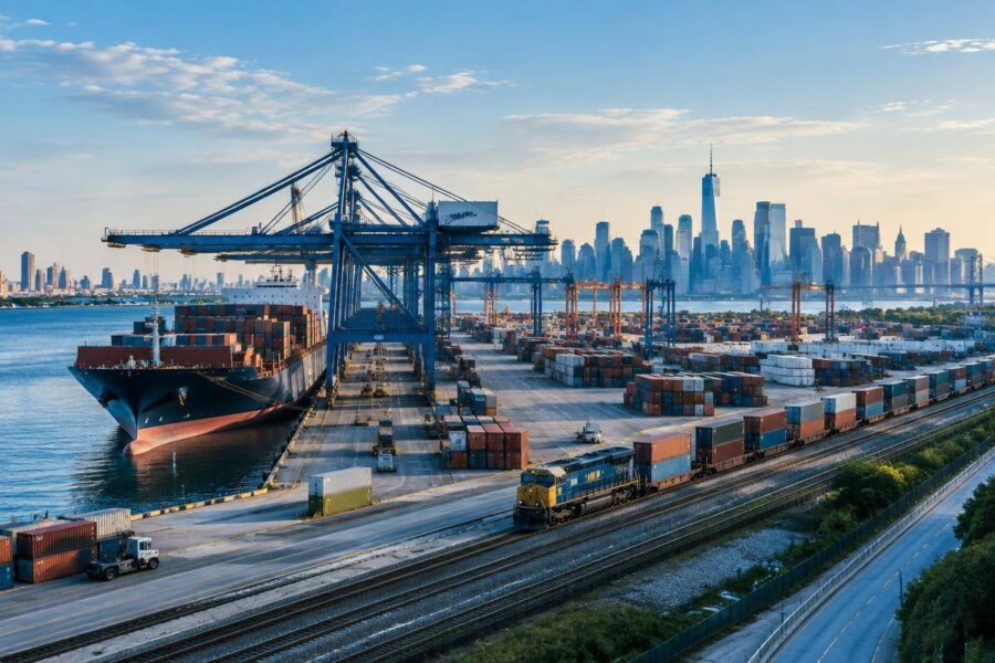 Cargo ship, freight train and containers at a major international port