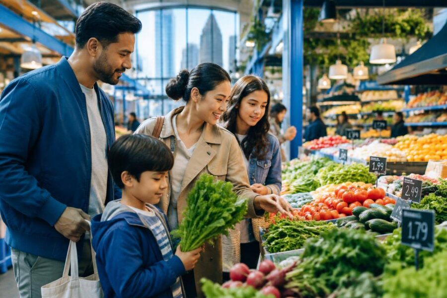 Family comparing fresh food prices in a city market