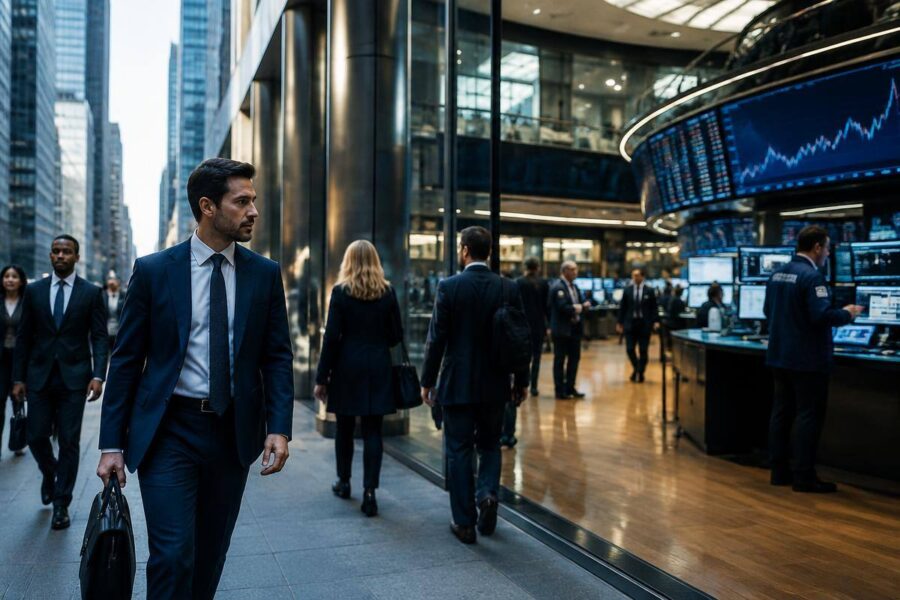 Professionals outside a busy international stock exchange