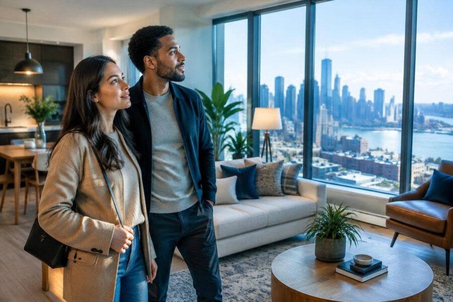 Prospective renters viewing a bright apartment in a global city