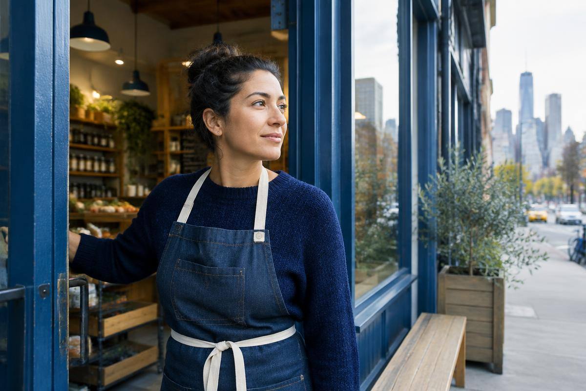 Independent shop owner opening her storefront in a global city